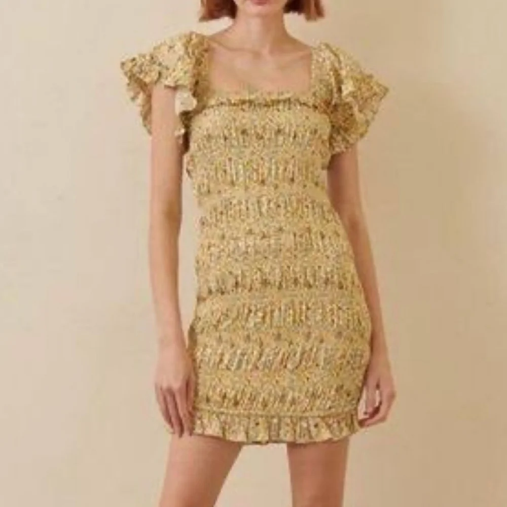STORIA smocked floral ruffle mini dress yellow NWT